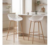 Lot de 2 tabourets de bar IREK chaise haute cuisine ou comptoir au design retro en plastique blanc et métal décor bois, assise 75 cm
