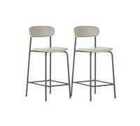 Lot de 2 tabourets de bar LAURA - Structure métal bleu foncé - Assise et dossier bois et PU beige - H66cm