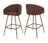 Lot de 2 tabourets de bar HWC-D7 métal imitation bois tissu/textile, marron