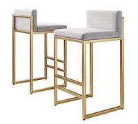Lot de 2 tabourets de bar modernes en velours avec dossier et repose-pieds doré, grands tabourets de cuisine et de pub, 75 cm de hauteur, noir