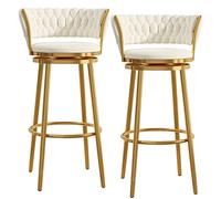 Lot de 2 tabourets de bar pivotants à 360° en velours avec dossier - Hauteur de comptoir - 65 cm - Repose-pieds dorés - Design moderne blanc