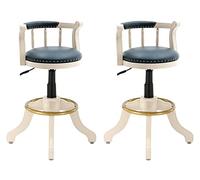 Lot de 2 tabourets de bar pivotants à hauteur réglable en bois massif avec dossier, assise ronde en cuir de vachette, pieds en bois d'hévéa