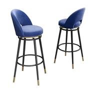 Lot de 2 tabourets de bar pivotants avec dossier bas - Coussin rond en velours, pieds en métal et repose-pieds circulaire, hauteur d'assise 65/75 cm, for îlot de cuisine(Blue-Black Legs,Height 65cm)