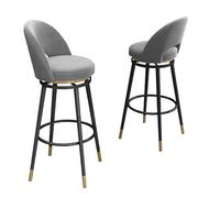 Lot de 2 tabourets de bar pivotants avec dossier bas - Coussin rond en velours, pieds en métal et repose-pieds circulaire, hauteur d'assise 65/75 cm, for îlot de cuisine(Grey-Black Legs,Height 75cm)