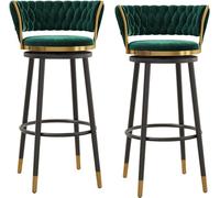Lot de 2 tabourets de bar pivotants avec dossier tissé incurvé et repose-pieds, velours de luxe pour maison, bar ou îlot de cuisine