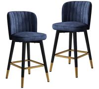 Lot de 2 tabourets de bar pivotants élégants en velours pour comptoir de cuisine, hauteur réglable avec pieds noirs et repose-pieds chromé doré, bleu, 55 cm