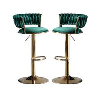 Lot de 2 tabourets de bar pivotants en velours bleu réglable en hauteur avec pieds dorés et dossier tissé, parfaits pour les îles de cuisine et les meubles de comptoir de salle à manger