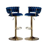Lot de 2 tabourets de bar pivotants réglables en velours bleu avec pieds dorés et dossier tressé pour cuisine, îles et salle à manger, comptoir moderne, confort et style