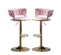 Lot de 2 tabourets de bar pivotants réglables en velours bleu avec pieds dorés et dossier tressé pour îles de cuisine et salles à manger - Meuble de comptoir élégant