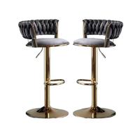 Lot de 2 tabourets de bar pivotants réglables en velours bleu avec pieds dorés et dossier tressé pour îles de cuisine et salle à manger