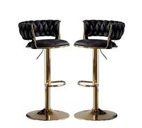 Lot de 2 tabourets de bar pivotants réglables en velours bleu avec pieds dorés et dossier tressé pour îles de cuisine et salle à manger