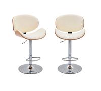 Lot de 2 tabourets de bar réglable décor bois courbé et simili cuir chêne. blanc et pieds chromés - L 53 P 51 x H 95-116cm -