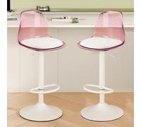 Lot de 2 tabourets de bar réglables en acrylique transparent avec dossier, base en métal, coussin en polyuréthane, taille compacte pour cuisine, maison, bar, rose