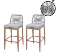 Lot De 2 Tabourets De Bar Rope Hwc-O21, Coussins D'assise Extérieurs En Corde Tressée Métal Aspect Bois Gris Clair, Coussins Gris Clair Gris
