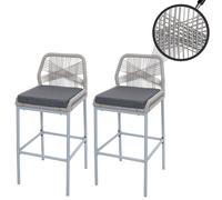 Lot De 2 Tabourets De Bar Rope Hwc-O21, Coussins D'assise Extérieurs En Corde Tressée Métal Gris Clair, Coussin Gris Foncé Gris