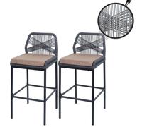 Lot De 2 Tabourets De Bar Rope Hwc-O21, Coussins D'extérieur En Corde Tressée Métal Anthracite, Coussin Taupe Gris