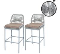 Lot De 2 Tabourets De Bar Rope Hwc-O21, Outdoor Assise Rembourrée Corde Tressée Métal Gris Clair, Coussin Taupe Gris