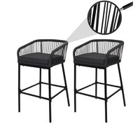 Lot De 2 Tabourets De Bar Rope Hwc-O22, Tabouret De Bar, Outdoor Assise Rembourrée Corde Tressée Métal Anthracite, Coussin Gris Foncé Gris