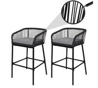 Lot De 2 Tabourets De Bar Rope Hwc-O22, Tabouret De Bar, Outdoor Assise Rembourrée Corde Tressée Métal Anthracite, Coussin Gris Clair Gris