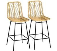 Lot de 2 tabourets de bar style colonial piètement acier noir résine tressée aspect rotin Beige G