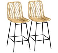 Lot De 2 Tabourets De Bar Style Colonial Piètement Acier Noir Résine Tressée Aspect Rotin Noir