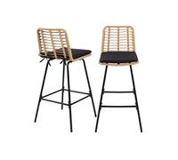 IDMarket Tabourets de bar SUMMER effet rotin pied métal noir – lot de 2
