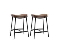 Lot de 2 tabourets de bar Vintage avec repose-pied piètement acier noir assise incurvée tissu marron effet vieilli