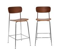 Lot de 2 tabourets de bar vintage contreplaqué avec placage bois effet noyer et pieds métal chromé L 42.5 x P 50 x H 94cm - Toby