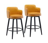 Lot de 2 tabourets de comptoir en cuir PU avec pieds en fer et repose-pieds | L'ensemble comprend 2 tabourets de comptoir orange avec sièges en cuir PU, soutenus par des pieds en fer et équipés de