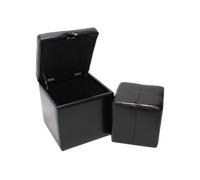 Lot de 2 tabourets Onex, pouf + cube-coffre, cuir, noir