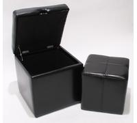 Lot de 2 tabourets Onex, pouf + cube-coffre, cuir, noir Multicolore
