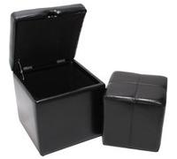 Lot de 2 tabourets Onex, pouf + cube-coffre, cuir noir