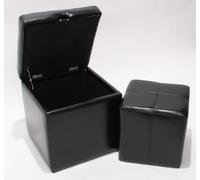 lot de 2 tabourets poufs Onex, cuir + similicuir, 45x44x44cm FSC®- ~ noir