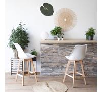 Happy Garden Lot de 2 tabourets scandinaves SVEN Blanc avec coussin, dossier et repose-pieds