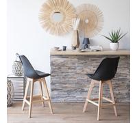 Happy Garden Tabourets de bar Sven – Lot de 2 noirs, coussin, repose-pieds, pieds en hêtre massif