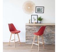 Happy Garden Tabourets de bar Sven – Lot de 2 rouges avec coussin, pieds en bois de hêtre massif