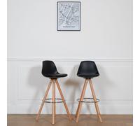 Happy Garden Lot de 2 tabourets scandinaves Tobias Noirs avec Coussin. Tabouret de Bar avec Dossier et Repose-Pieds. Chaise de Cuisine Style scandinaves avec Pied en Bois de hêtre Massif.