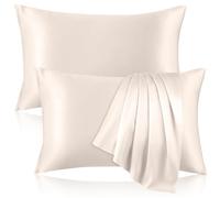 Lot de 2 taies d’Oreiller 100% Soie de mûrier pour Les Cheveux et la Peau, des Deux côtés, avec Fermeture éclair Invisible - Taies rafraîchissantes 19 mommes, 600 Fils, Queen Size, Beige