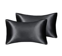 Lot de 2 taies d’oreiller en satin soyeux de qualité supérieure - Idéal pour la santé de la peau et des cheveux - Propriétés hypoallergéniques, Noir , Standard