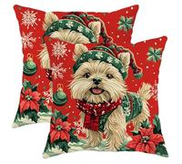 Lot de 2 taies d'oreiller de Noël avec fermeture éclair, motif chien Cairn Terrier, doux et respirant, motif poinsettia et neige, 50 x 50 cm, décoration amusante et mignonne en velours pour canapé, c