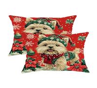 Lot de 2 taies d'oreiller de Noël avec fermeture éclair, motif chien Cairn Terrier, doux et respirant, motif poinsettia et neige, 30,5 x 50,5 cm, décoration amusante et mignonne en velours pour canap