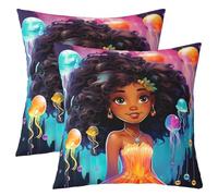 Lot De 2 Taies Doreiller Doux Taie d'oreiller Lavable Coussin en Housse pour Salon Chambre Voiture 45X45Cm Filles Noires, Afro Girl, Sirène Américaine Africaine, Princesse, Méduse Magique, Kawaii