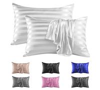 Lot de 2 taies d'oreiller en satin de soie à rayures - 50 x 75 cm - Pour le soin des cheveux et de la peau - Blanc