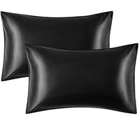 Lot de 2 taies d'oreiller en satin de soie pour cheveux et peau, taies d'oreiller en satin de soie avec fermeture éclair, taie d'oreiller standard en satin de soie (noir, 127 x 190 cm)
