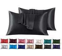 Lot de 2 Taies Oreiller en Satin 45 x 70 cm, Oreiller Satin Noir, Satinées Housse d'oreiller Doux Prend Soin de Votre Peau et Antichute de Cheveux