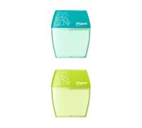 Maped - Lot de 2 Taille-crayons Shaker - 2 Trous et Réservoir Translucide - Bleu et Vert