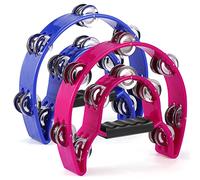 Lot de 2 tambourins à double rangée de 25,4 cm pour adulte, instrument de musique en demi-lune avec 20 jingles en métal, percussion de tambour à main pour fête, église, karaoké, rose rouge et bleu