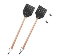 Lot de 2 tapettes à mouches en cuir avec long manche en bois - Attrape-insectes manuel pour intérieur et extérieur - 50 cm - Noir