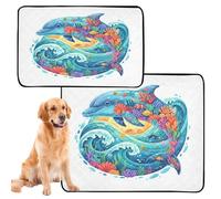 Lot de 2 tapis antidérapants lavables pour chat et animal domestique 61 x 91,4 cm + 91,4 x 106,7 cm, collage dauphin océan
