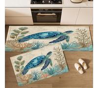 Lot de 2 Tapis Cuisine antidérapant Lavable,Tapis de Cuisine Océan Animaux,Tapi cuisin antiderapant Tortue Bleue Corail pour Couloir,Entrée 45×75cm+45×150cm